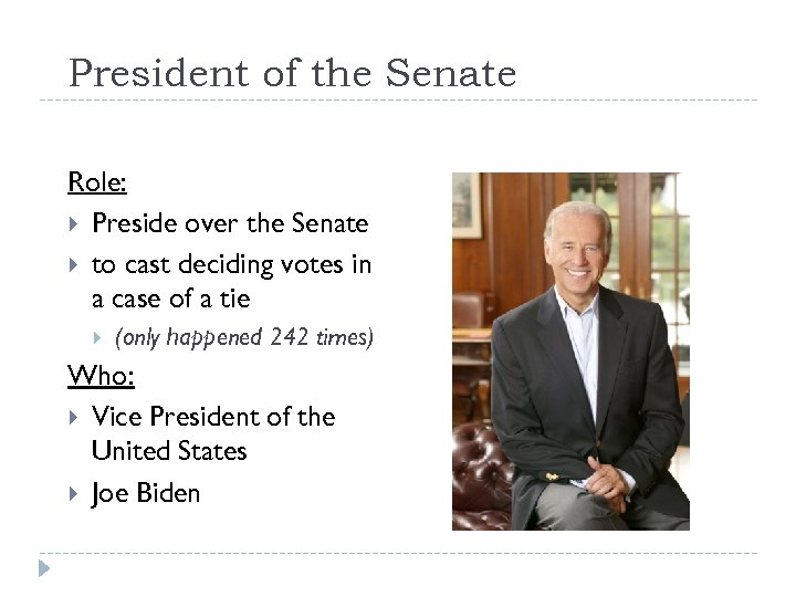 President of the Senate Role: Preside over the Senate to cast deciding votes in