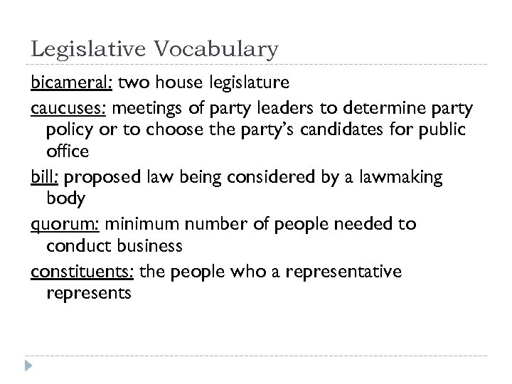 Legislative Vocabulary bicameral: two house legislature caucuses: meetings of party leaders to determine party