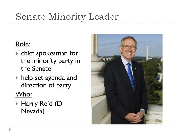 Senate Minority Leader Role: chief spokesman for the minority party in the Senate help