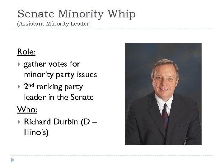 Senate Minority Whip (Assistant Minority Leader) Role: gather votes for minority party issues 2