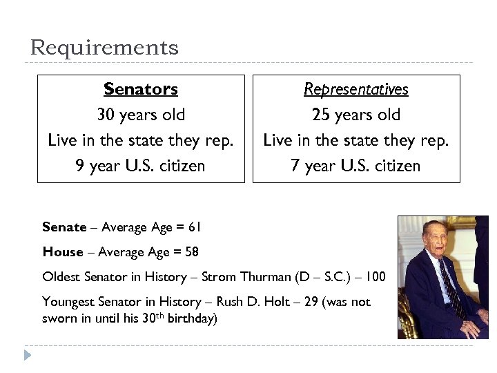 Requirements Senators 30 years old Live in the state they rep. 9 year U.