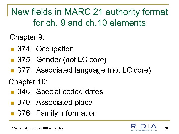 New fields in MARC 21 authority format for ch. 9 and ch. 10 elements