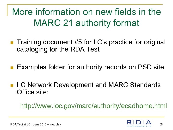 More information on new fields in the MARC 21 authority format n Training document