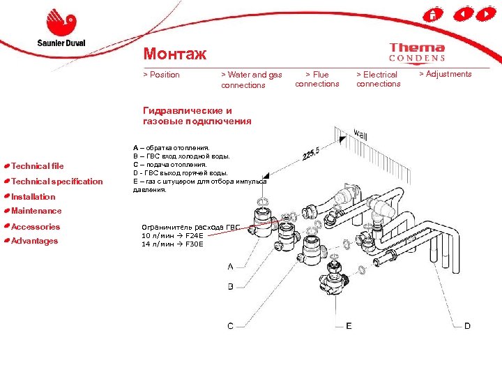 Монтаж > Position > Water and gas connections Гидравлические и газовые подключения Technical file