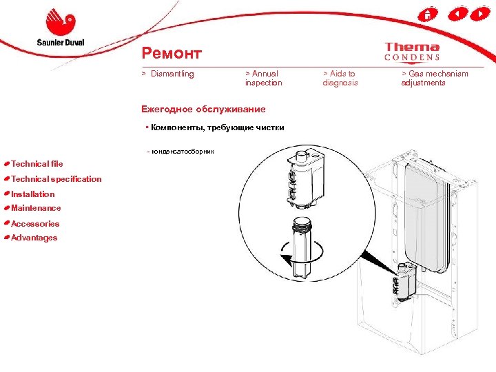 Ремонт > Dismantling > Annual inspection Ежегодное обслуживание • Компоненты, требующие чистки - конденсатосборник
