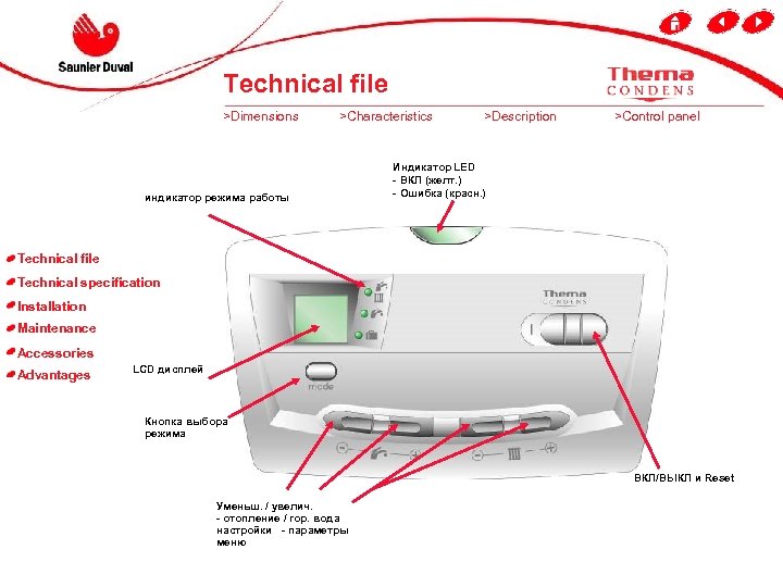 Technical file >Dimensions >Characteristics индикатор режима работы >Description >Control panel Индикатор LED - ВКЛ