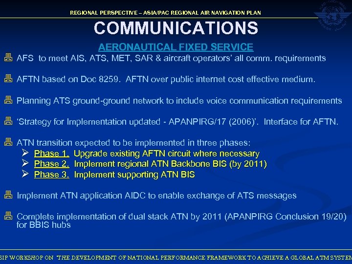 REGIONAL PERSPECTIVE – ASIA/PAC REGIONAL AIR NAVIGATION PLAN COMMUNICATIONS AERONAUTICAL FIXED SERVICE 7 AFS