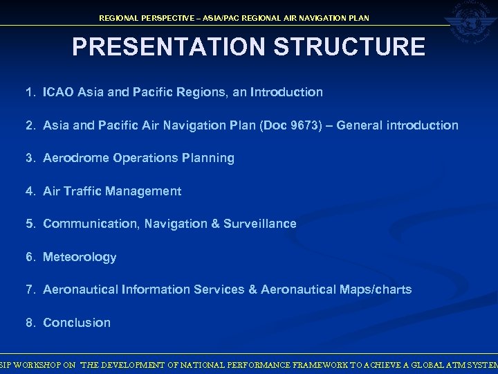 REGIONAL PERSPECTIVE – ASIA/PAC REGIONAL AIR NAVIGATION PLAN PRESENTATION STRUCTURE 1. ICAO Asia and