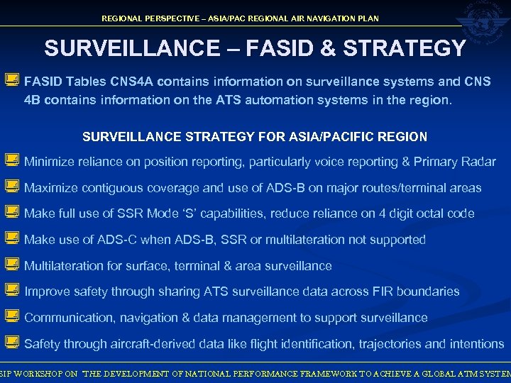 REGIONAL PERSPECTIVE – ASIA/PAC REGIONAL AIR NAVIGATION PLAN SURVEILLANCE – FASID & STRATEGY ¿