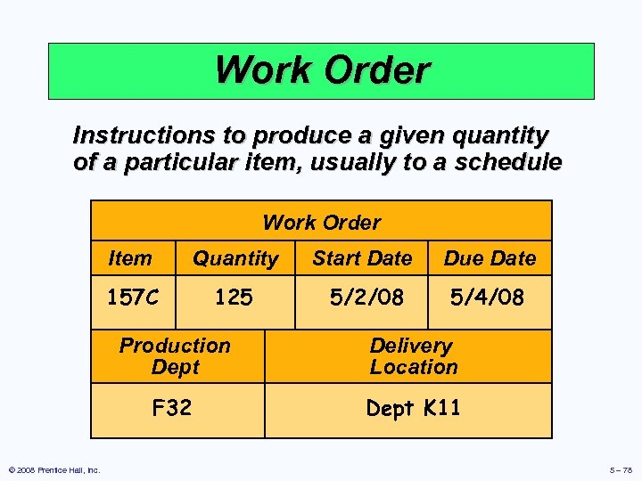 Work Order Instructions to produce a given quantity of a particular item, usually to