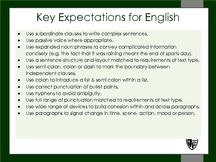 Key Expectations for English Use subordinate clauses to write complex sentences. Use passive voice