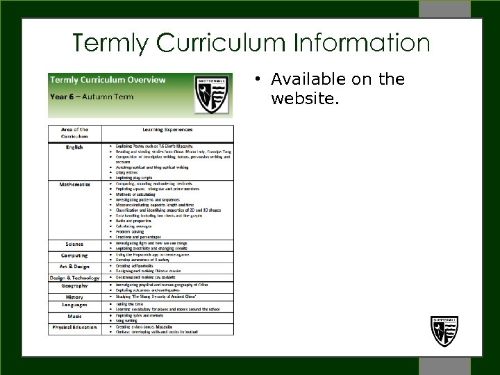 Termly Curriculum Information • Available on the website. WELCOME Shottermill Junior School Open Morning