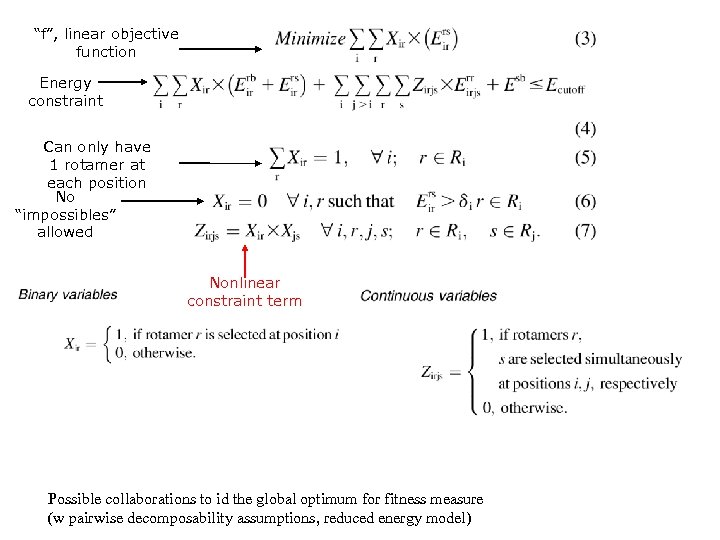 “f”, linear objective function Energy constraint Can only have 1 rotamer at each position