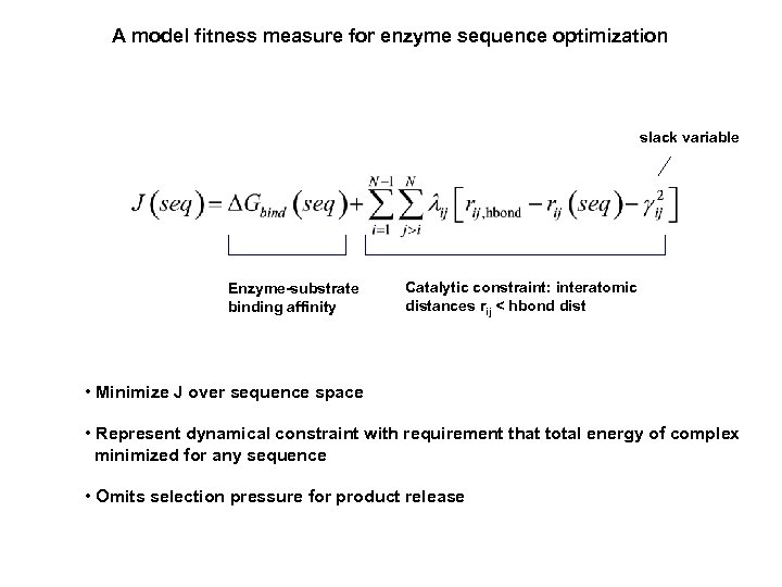 A model fitness measure for enzyme sequence optimization slack variable Enzyme-substrate binding affinity Catalytic