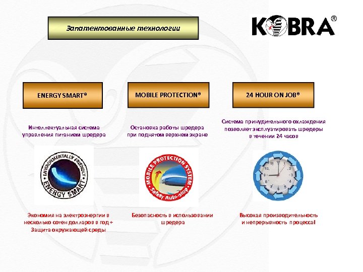 Запатентованные технологии ENERGY SMART® MOBILE PROTECTION® 24 HOUR ON JOB® Интеллектуальная система управления питанием