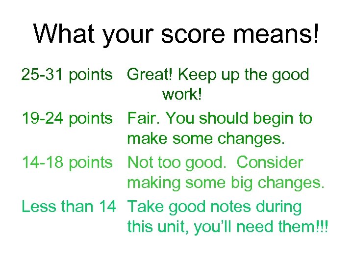 What your score means! 25 -31 points Great! Keep up the good work! 19