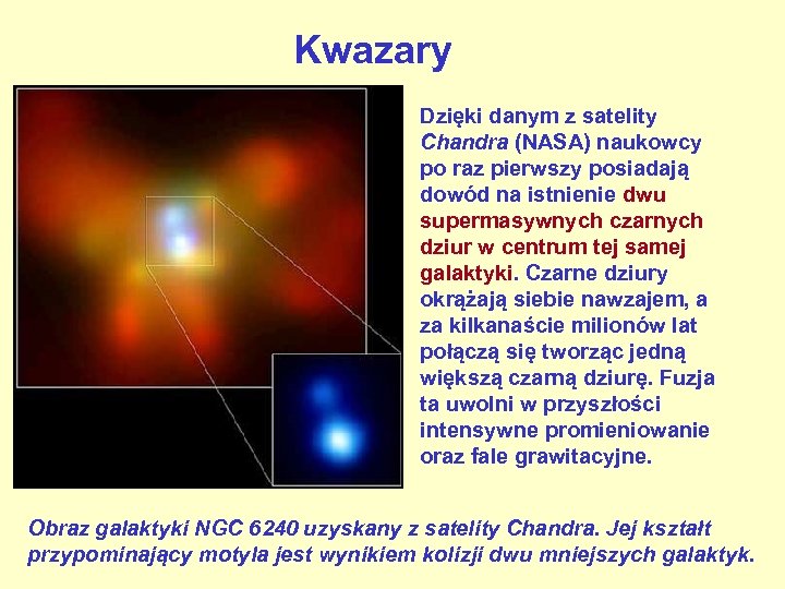 Kwazary Dzięki danym z satelity Chandra (NASA) naukowcy po raz pierwszy posiadają dowód na