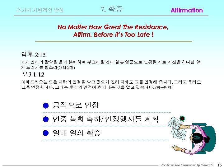 12가지 기반적인 받침 7. 확증 Affirmation No Matter How Great The Resistance, Affirm, Before