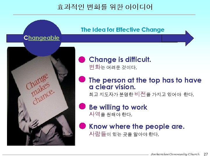 효과적인 변화를 위한 아이디어 The Idea for Effective Changeable Change is difficult. 변화는 어려운