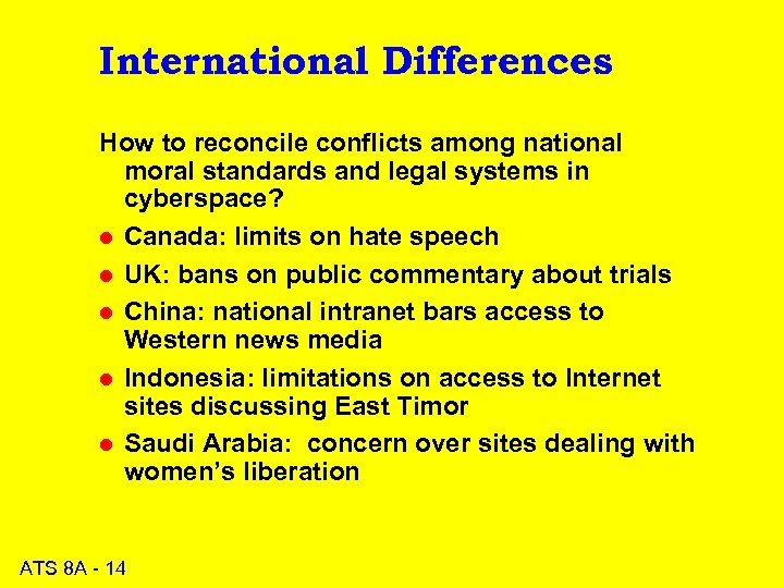 International Differences How to reconcile conflicts among national moral standards and legal systems in