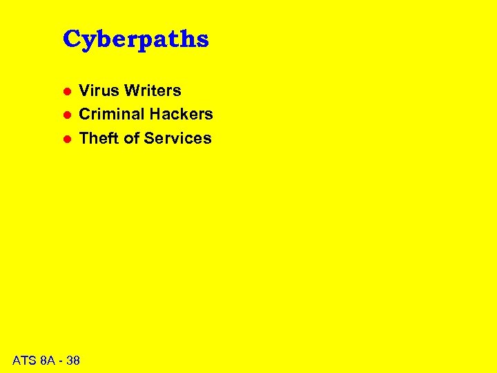 Cyberpaths l l l Virus Writers Criminal Hackers Theft of Services ATS 8 A