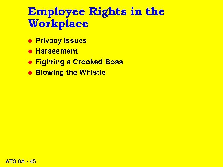 Employee Rights in the Workplace l l Privacy Issues Harassment Fighting a Crooked Boss