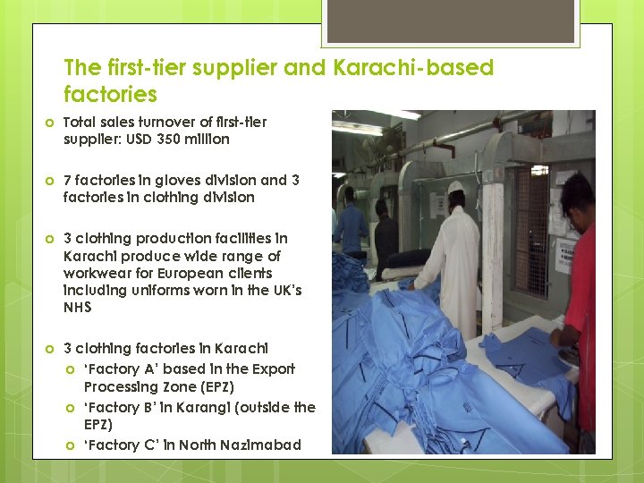 The first-tier supplier and Karachi-based factories Total sales turnover of first-tier supplier: USD 350