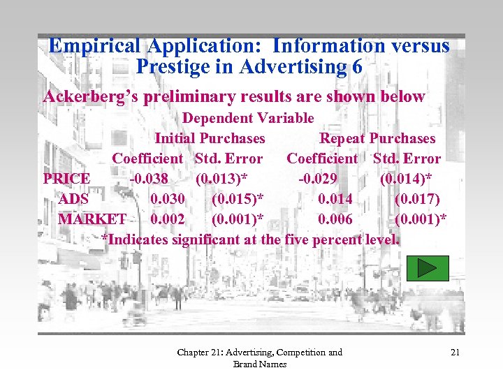 Empirical Application: Information versus Prestige in Advertising 6 Ackerberg’s preliminary results are shown below