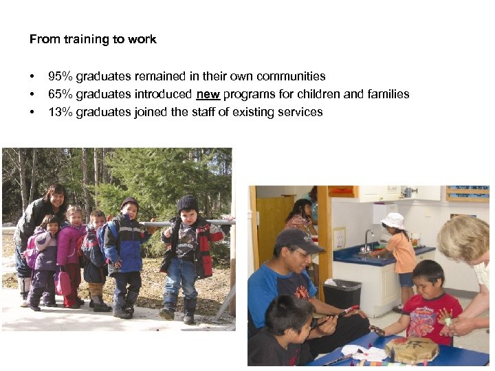 From training to work • • • 95% graduates remained in their own communities