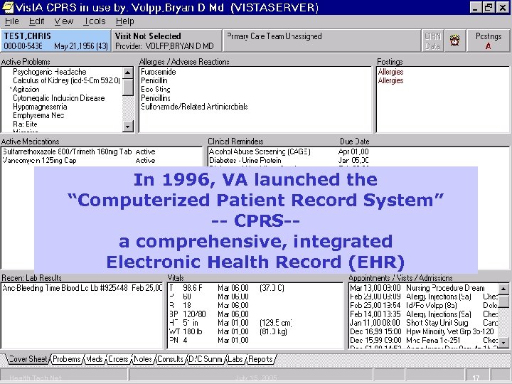 In 1996, VA launched the “Computerized Patient Record System” -- CPRS-a comprehensive, integrated Electronic