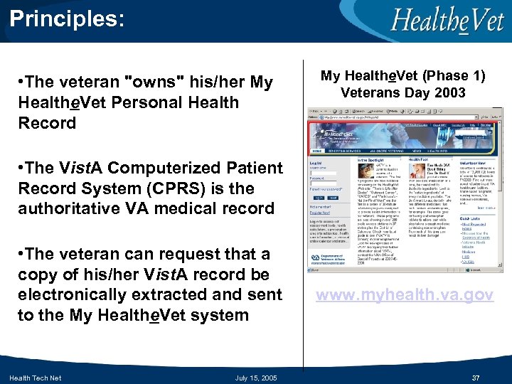 Principles: • The veteran "owns" his/her My Healthe. Vet Personal Health Record My Healthe.
