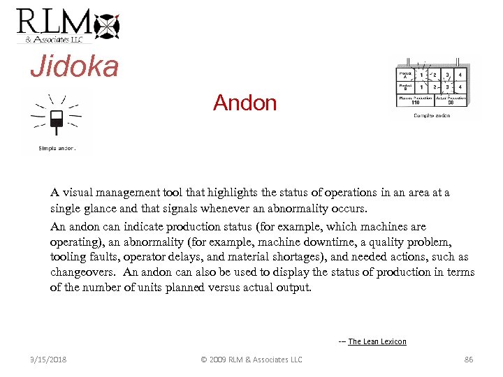Jidoka Andon A visual management tool that highlights the status of operations in an