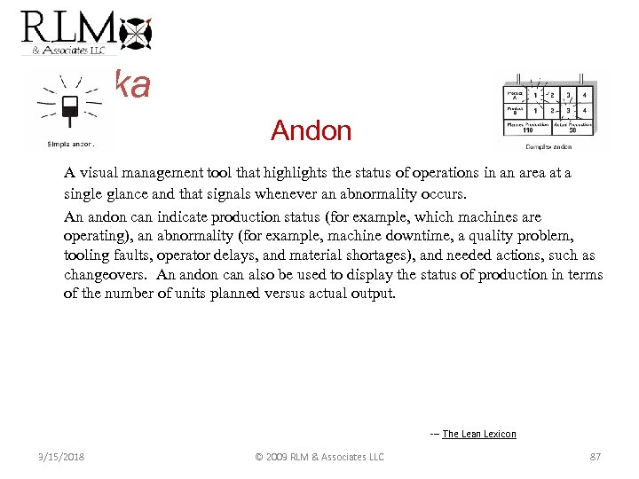 Jidoka Andon A visual management tool that highlights the status of operations in an