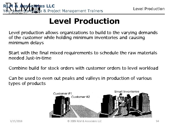 RLM & Associates LLC Your Lean Six Sigma & Project Management Trainers Level Production