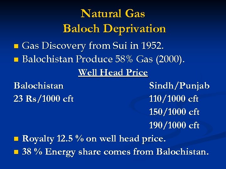 Natural Gas Baloch Deprivation Gas Discovery from Sui in 1952. n Balochistan Produce 58%