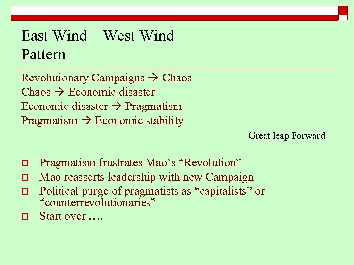 East Wind – West Wind Pattern Revolutionary Campaigns Chaos Economic disaster Pragmatism Economic stability