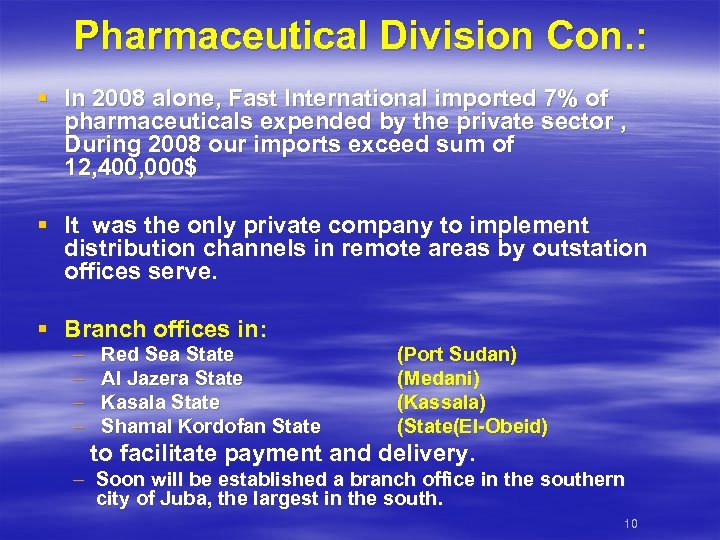 Pharmaceutical Division Con. : § In 2008 alone, Fast International imported 7% of pharmaceuticals