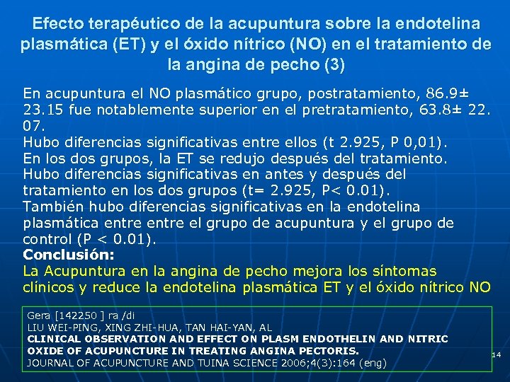 Efecto terapéutico de la acupuntura sobre la endotelina plasmática (ET) y el óxido nítrico