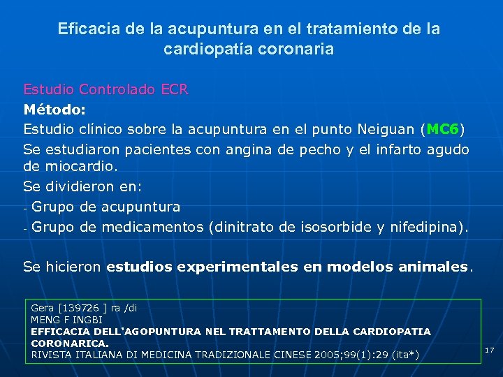 Eficacia de la acupuntura en el tratamiento de la cardiopatía coronaria Estudio Controlado ECR