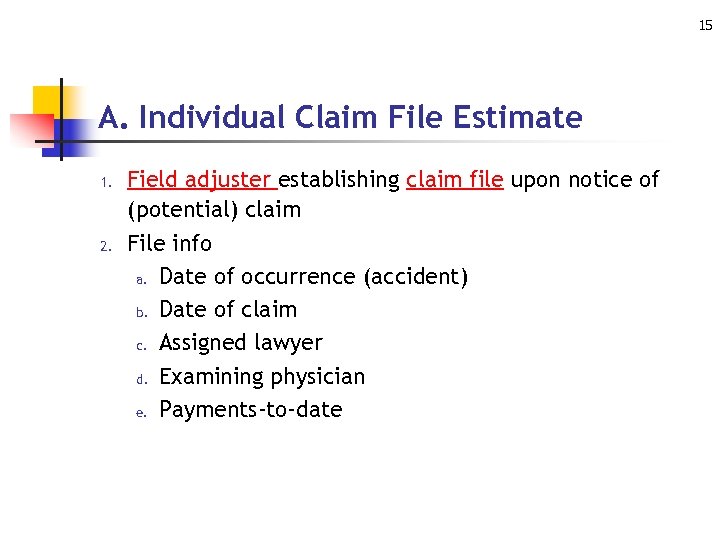 15 A. Individual Claim File Estimate 1. 2. Field adjuster establishing claim file upon