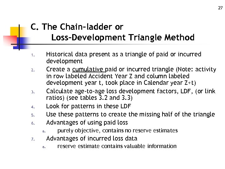 27 C. The Chain-ladder or Loss-Development Triangle Method Historical data present as a triangle