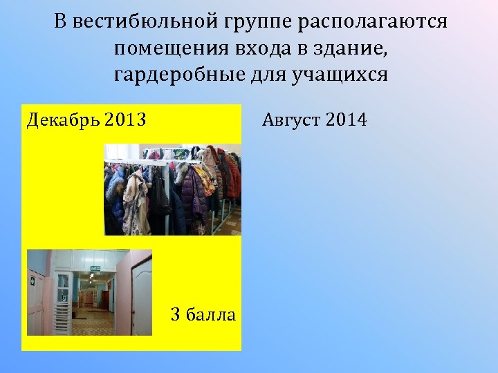 В вестибюльной группе располагаются помещения входа в здание, гардеробные для учащихся Декабрь 2013 Август