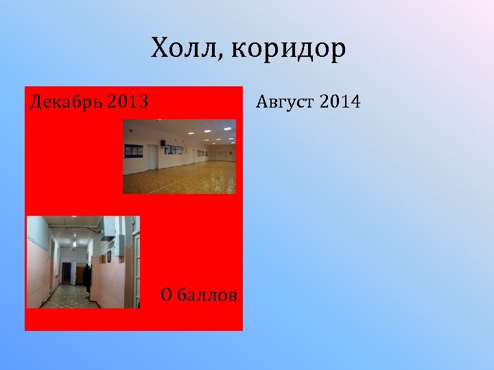 Холл, коридор Декабрь 2013 Август 2014 О баллов 