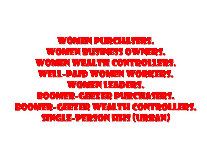 Women PURCHASERS. Women business owners. WOMEN WEALTH CONTROLLERS. WELL-PAID WOMEN WORKERS. WOMEN LEADERS. Boomer-Geezer