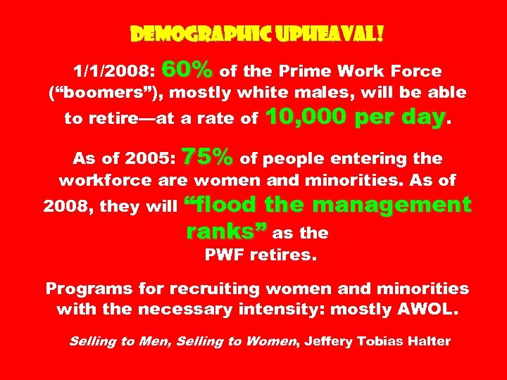 Demographic Upheaval! 1/1/2008: 60% of the Prime Work Force (“boomers”), mostly white males, will