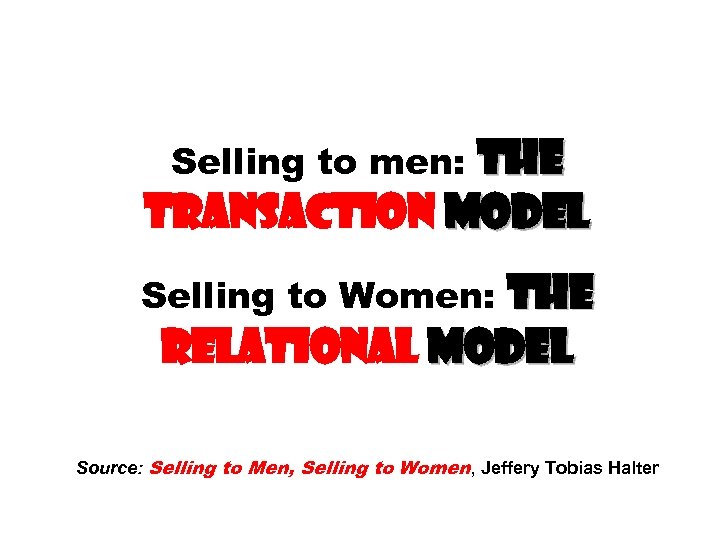 The TRANSACTION Model Selling to men: The RELATIONAL Model Selling to Women: Source: Selling