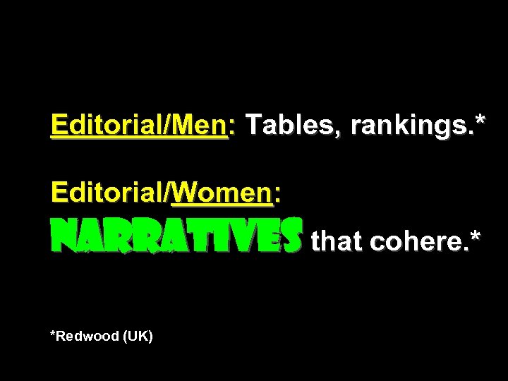 Editorial/Men: Tables, rankings. * Editorial/Women: Narratives that cohere. * *Redwood (UK) 