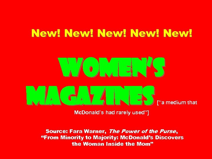 New! New! Women’s magazines [“a medium that Mc. Donald’s had rarely used”] Source: Fara