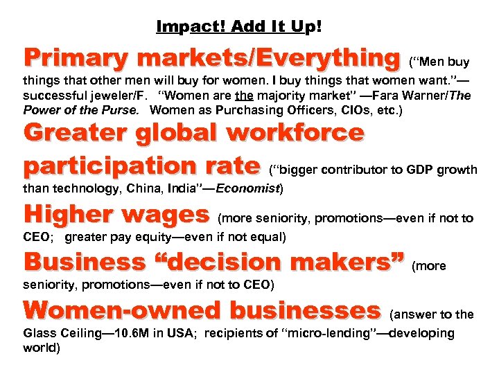 Impact! Add It Up! Primary markets/Everything (“Men buy things that other men will buy