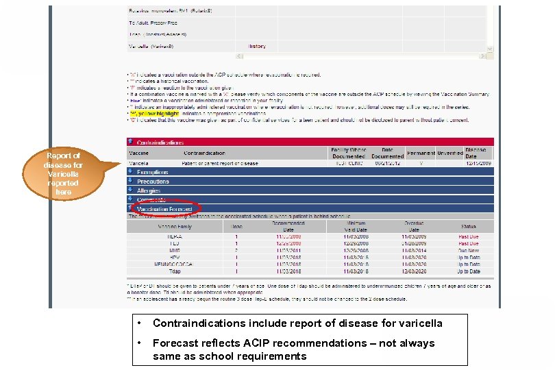 Report of disease for Varicella reported here • Contraindications include report of disease for